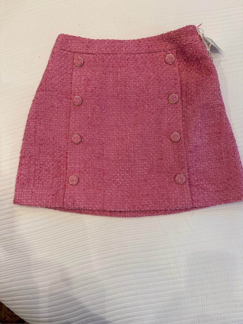 Pink Tweed Button-Front Mini Skirt